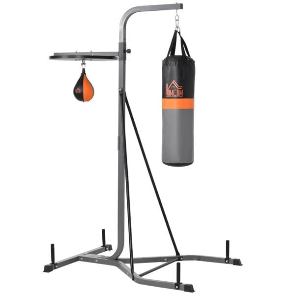 Freestanding grey boxing punch bag and speed ball frame with base and hanging bag