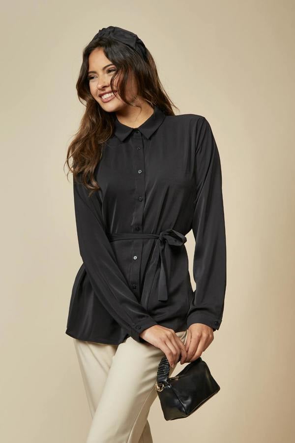 Hoxton Gal Oversized Belt Detailed Long Sleeves Shirt Top in Black