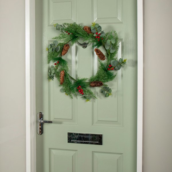 Samuel Alexander 50cm Hanging Christmas Eucalyptus Wreath with Red Berries and Pinecones