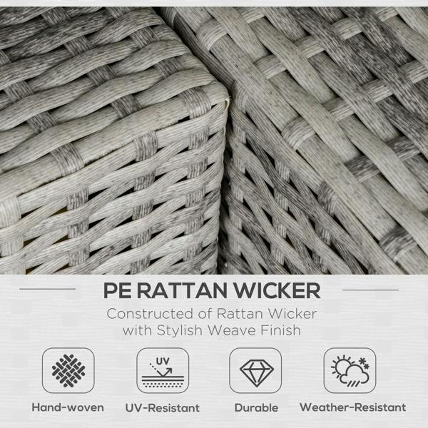 Close-up of light grey PE rattan wicker weave for a corner sofa chair.
