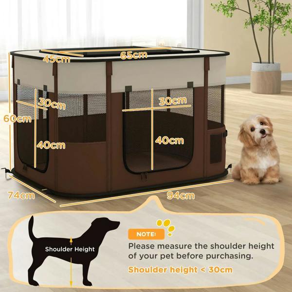 Brown foldable dog playpen with mesh panels and zippered front door openings