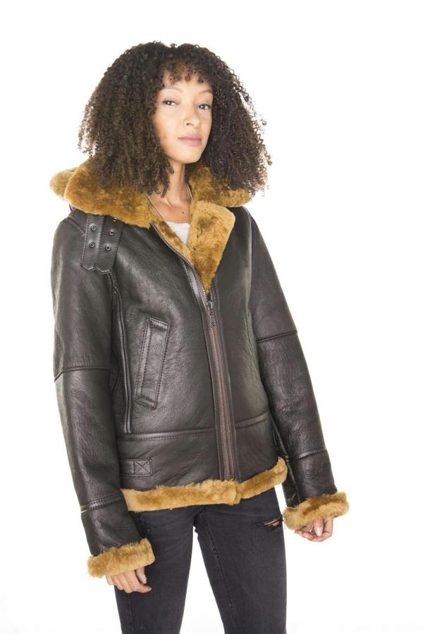 Infinity Leather Womens Hooded Sheepskin Flying Leather Jacket-Orford