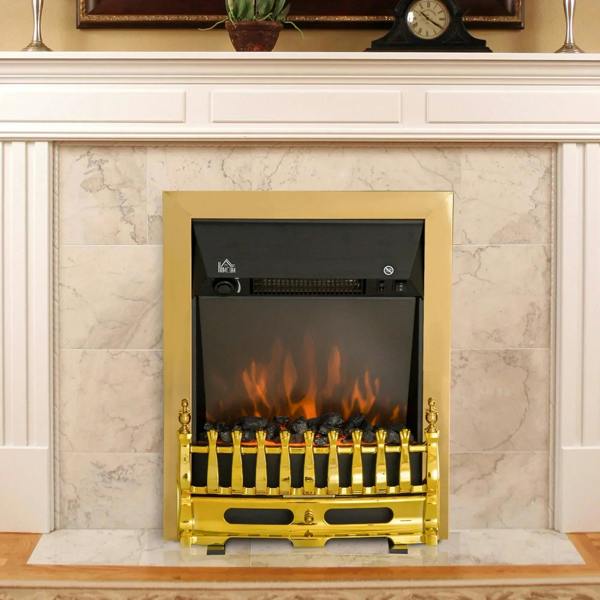 Golden electric fireplace inset in stone surround with glass front and LED coal flames