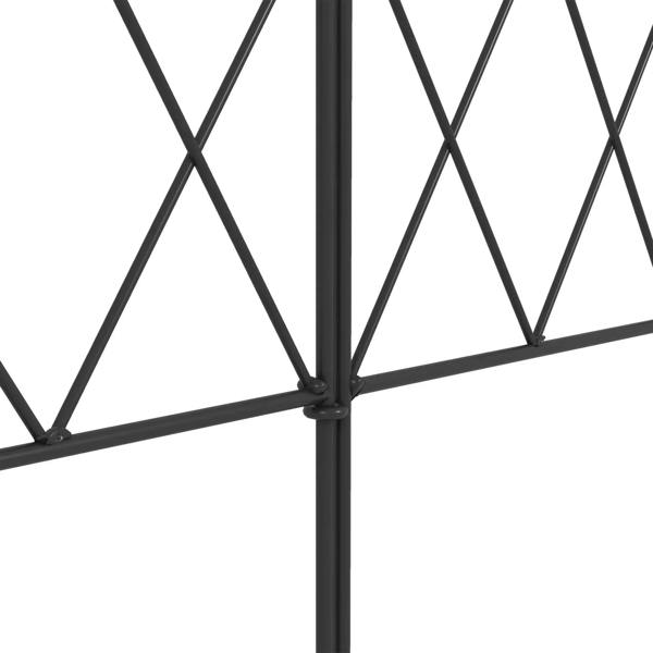 Close-up of black metal fence joint with diamond lattice fill and arched post bars