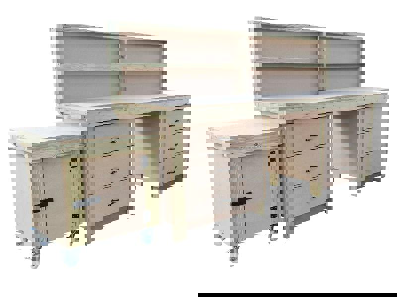 Wooden MDF Top Workbench (V.5) – Sturdy Workstation with Drawers, Back Panel and Functional Lockable Cupboard, Ideal for Garages, Workshops, and Studios