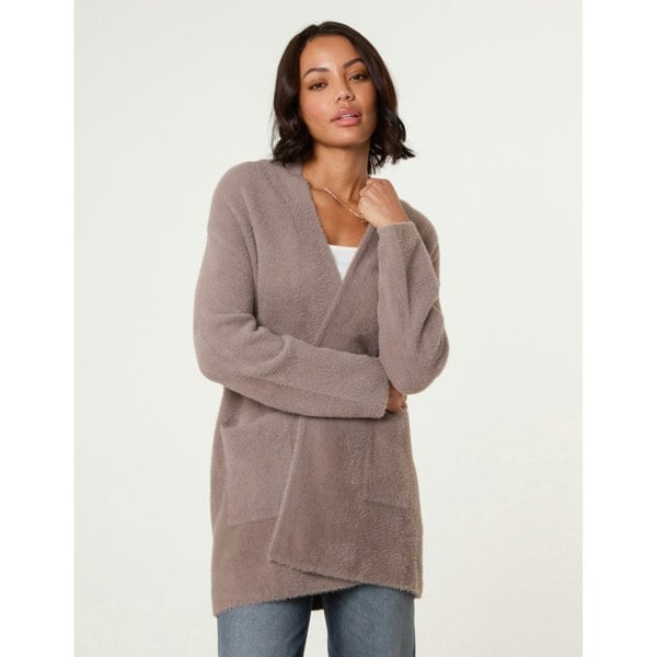 Blue Vanilla Fluffy Fleece Open Midi Cardigan - Light Brown