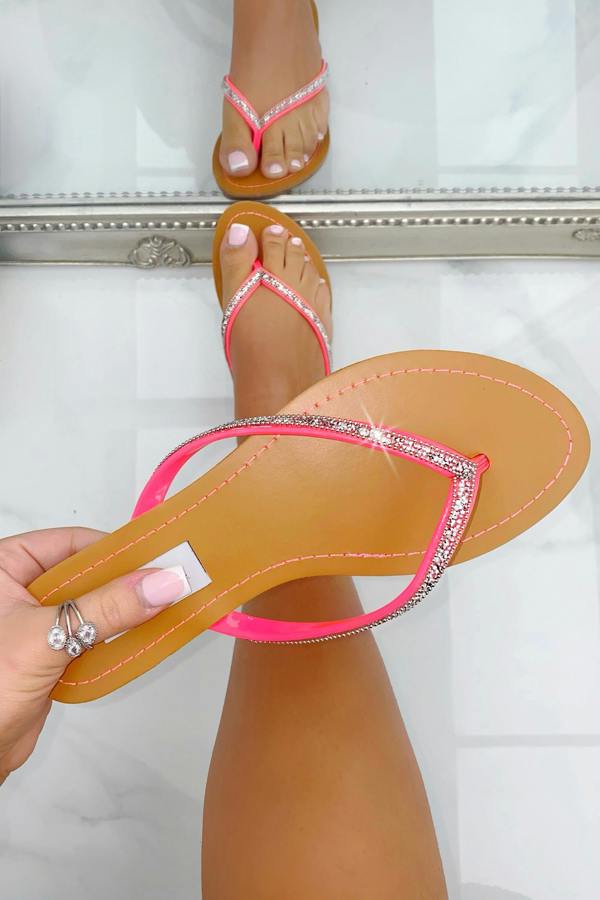 Crystal Sparkle Flip Flops Neon Pink, with a closer look at the design details