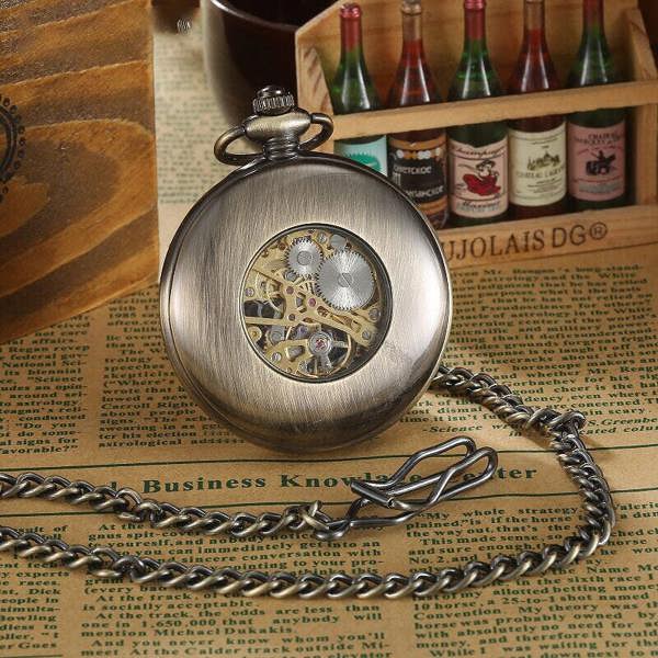 Infinity Leather Vintage Bronze Wooden Skeleton Half Hunter Alloy Pocket Watch