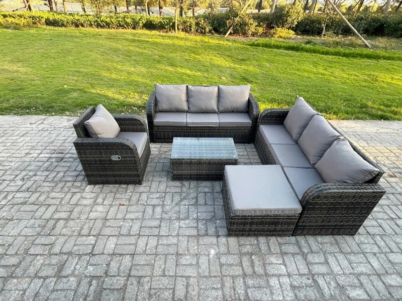 Fimous 8 Seater Dark Grey Mixed Rattan Outdoor Sofa Dining Set - 3-Seater Sofa, Reclining Chair & Footstool