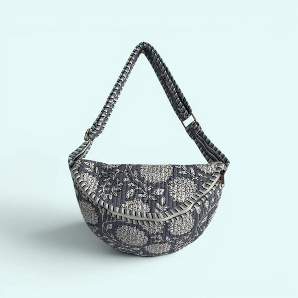 Hayley & Co Cross Body Sling Bag - Grey and White Block Print Floral Cotton
