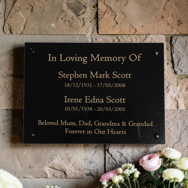 Memorials Direct Granite Memorial Wall Mounted Plaque for Two Names, Free Personalised Gold Engraving