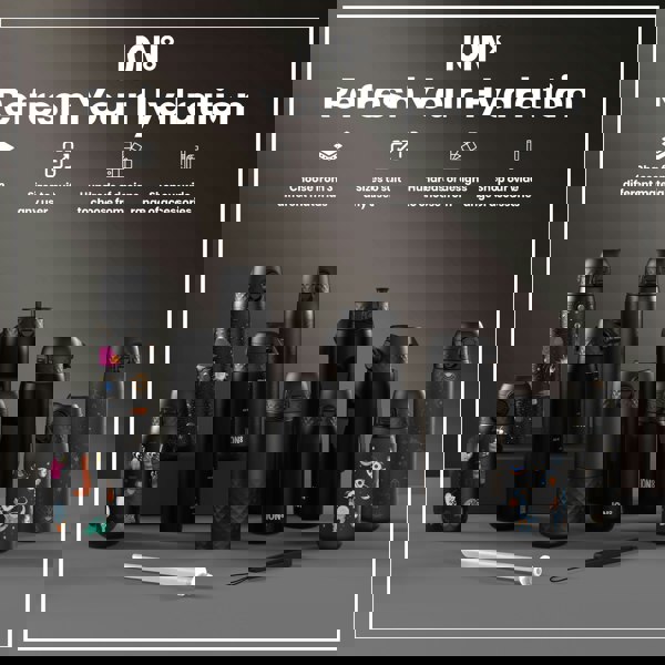 Several black ION8 water bottles, various sizes and designs, are displayed on a gray surface; a white straw and carrying strap are also shown. The text advertises material choices, size options, design variety, and accessories.