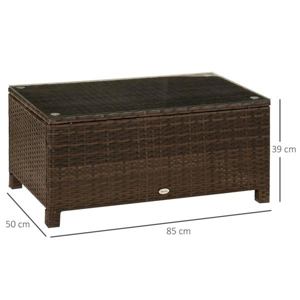 Brown PE rattan coffee table with glass top, 85 x 50 x 39 cm.
