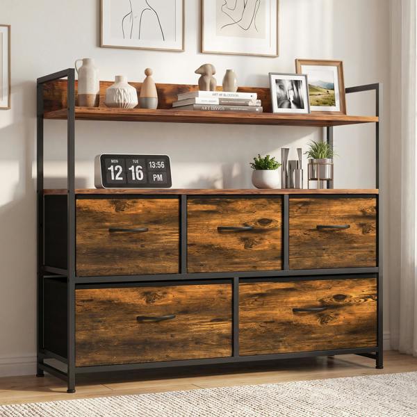 HOMCOM Bedroom Chest of Drawers 5 Drawer Dresser w/ Shelves, Rustic Brown