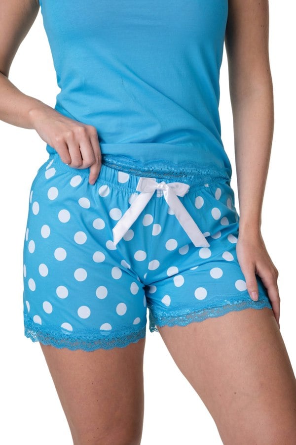 Camille Aqua Lightweight 100% Cotton Plain Sleeveless Top Pyjama Set With Lace Detailing