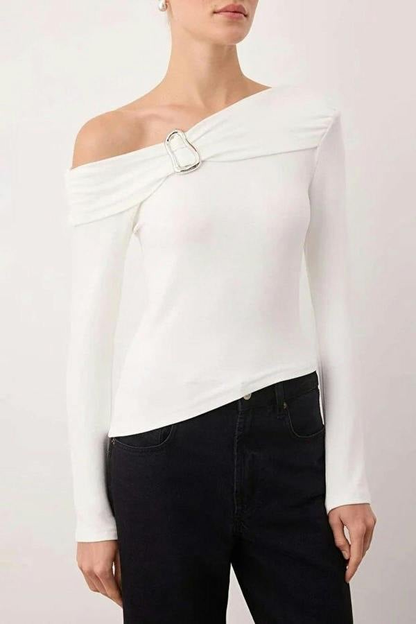 WOVCOR Asymmetrical Neckline Fitted Knitted Blouse with Accessory Details