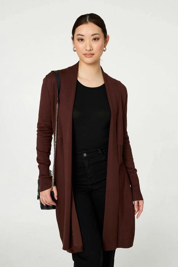 Brown | Open Front Longline Relaxed Cardigan: Model is 5'9"/175 cm and wears UK8/EU36/US4/AUS8