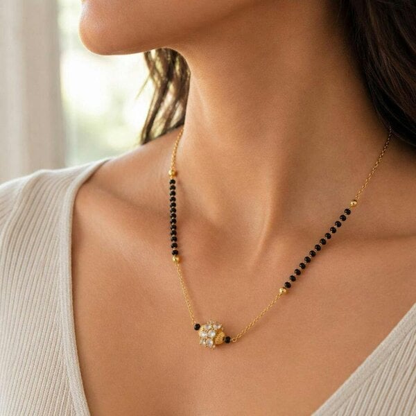 The Colourful Aura Gold Plated CZ Crystal Mangalsutra Black Bead Necklace 18 Inch