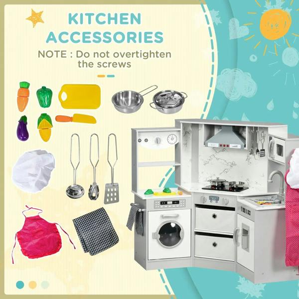 Toy kitchen accessories set with utensils, cookware, and red apron, for play kitchen