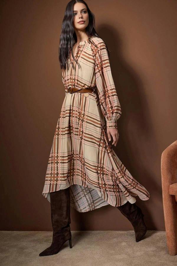 WOVCOR Argyle Belted Midi Lined Woven Dress