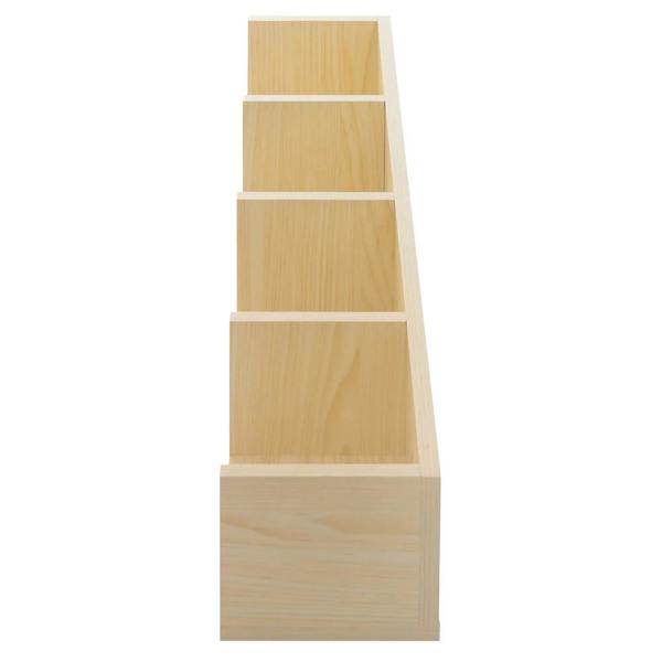 Natural wood wall shelf with four open cubby tiers, simple open-back design