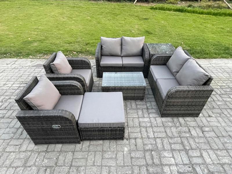 Fimous 7 Seater Patio Set, Rattan Garden Furniture, 2 Reclining Chairs, Coffee Table, Big Footstool and Side Table, Dark Grey Mixed