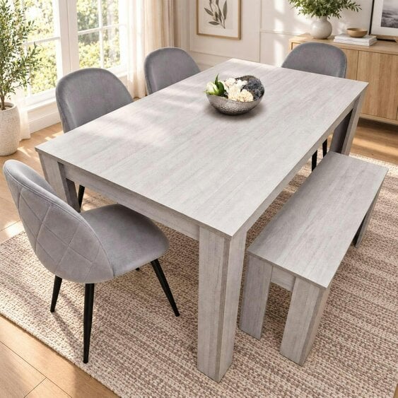 Kosy Koala Light Grey Arrow Pattern Dining Table Set with 4 Grey Velvet Chairs & Bench, 140x80x75cm