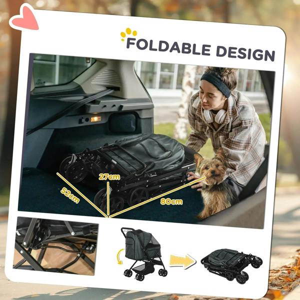 Grey foldable pet stroller design panel with compact frame and storage bag shown.