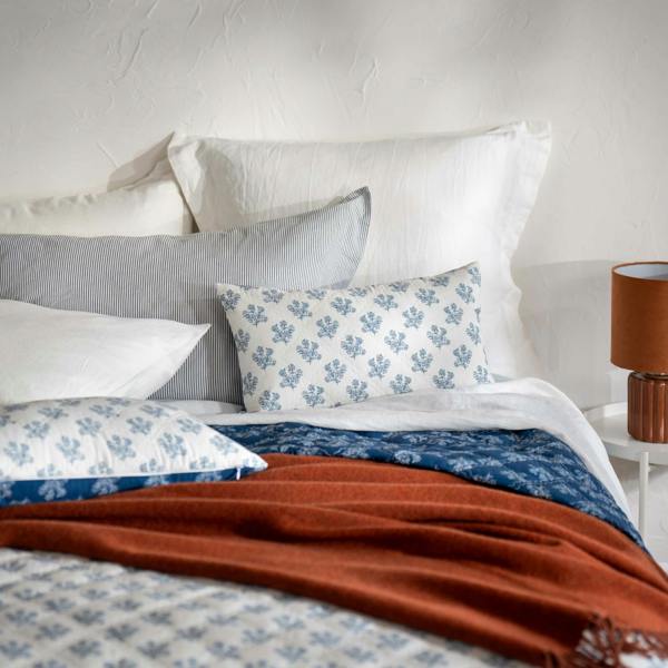 Midnight Blue Reversible Floral Print Bedspread - white, close-up detail 3 | Soak and Sleep