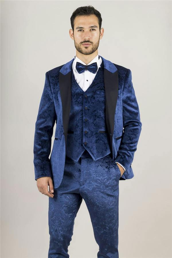 Infinity Leather Men's Blue 3 Piece Velvet Wedding Tuxedo Formal Suit
