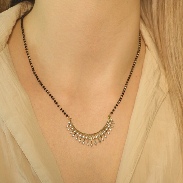 The Colourful Aura Indian Nazaria Gold Sunburst Zircon Mangalsutra Black Beads Pendant Necklace