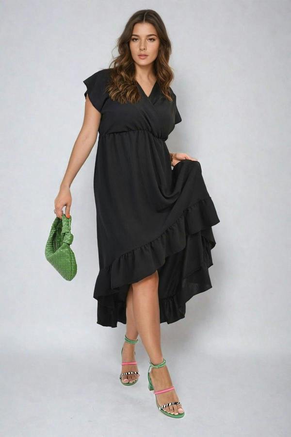 Catalina High Low Ruffle Hem Maxi Dress - Black