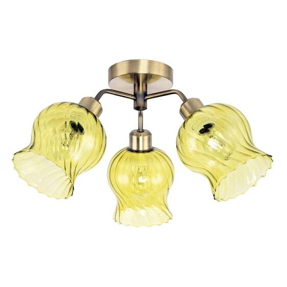 Happy Homewares Elegant Ceiling Light in Antique Brass with Green Tinted Glass Shades
