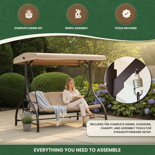 Heavy Duty Garden 3 Seater Swing Seat and Hammock Bed with Canopy, Steel Frame and Textaline Base, Thick Shower Proof Cushions