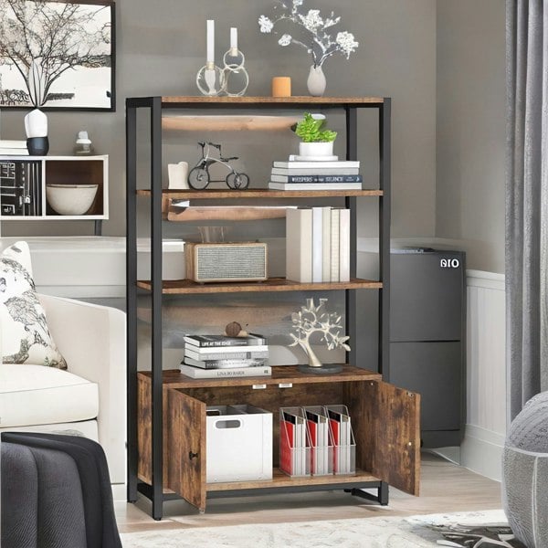 Rafaelo Mobilia Industrial Bookcase With 3 Shelves & Cupboard