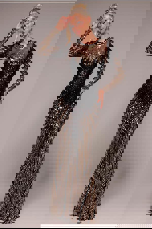 Long Sleeve Aztec Sequin Maxi Dress - Gold DR3490