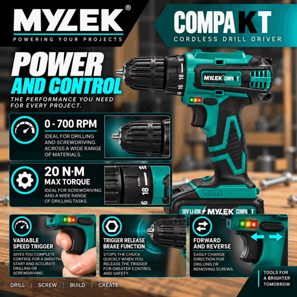 MYLEK 18V Cordless Li-ion Drill And Screwdriver Set With 13 Piece Accessory Kit