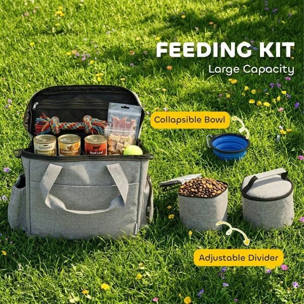 Dog Travel Bag, Waterproof Walking Bag with Multiple Pockets, Two Food Containers and Collapsible Bowl for Cat Puppy