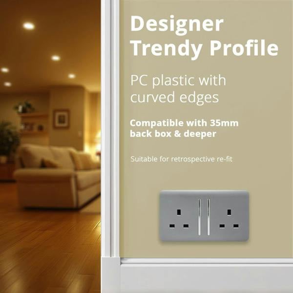 Trendi Switch 2 Gang Long Switched Plug Socket in Platinum Silver