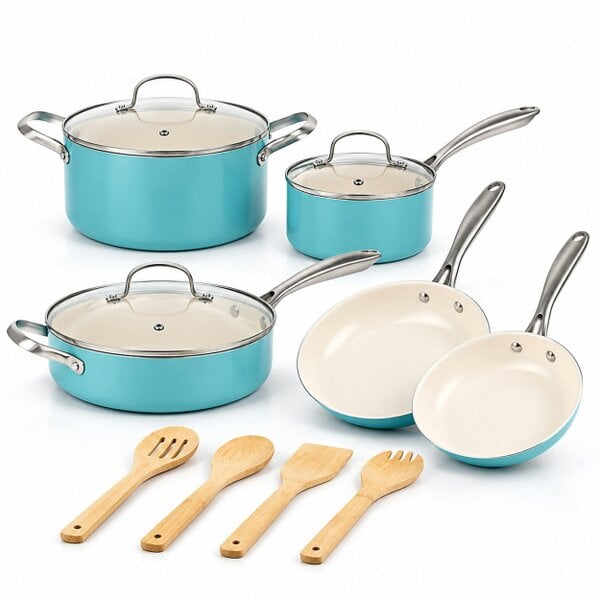 Gr8 Home 12 Piece Ceramic Non Stick Induction Cookware Set Teal Pots & Pans Lids Utensils