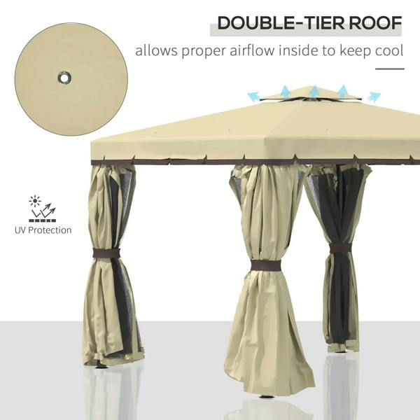 Beige patio gazebo with double-tier roof look, hanging curtains, and grommet vent