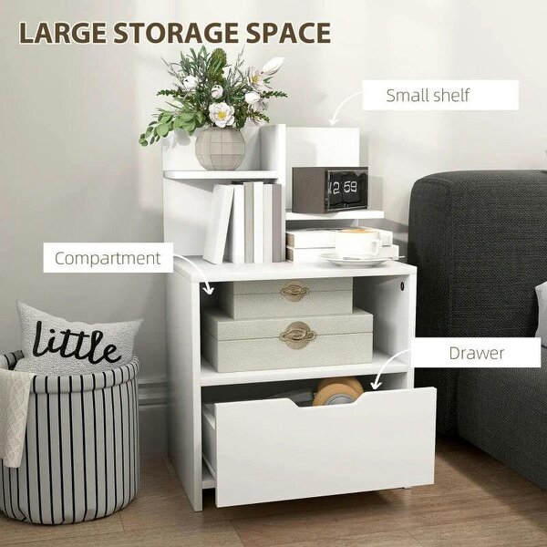 Bobobiy Modern Bedside Table, Nightstand with Drawer, Shelf, Bedside Cabinet for Bedroom, Living Room, White