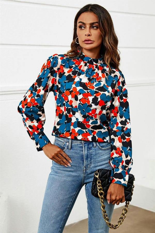 FS Collection Floral Print Long Sleeve High Neck Top In Blue