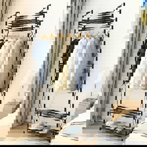 Modcraft Heavy Duty Garment Clothes Rail Rack with Shelves Metal Coat Stand Hanging Pole Black