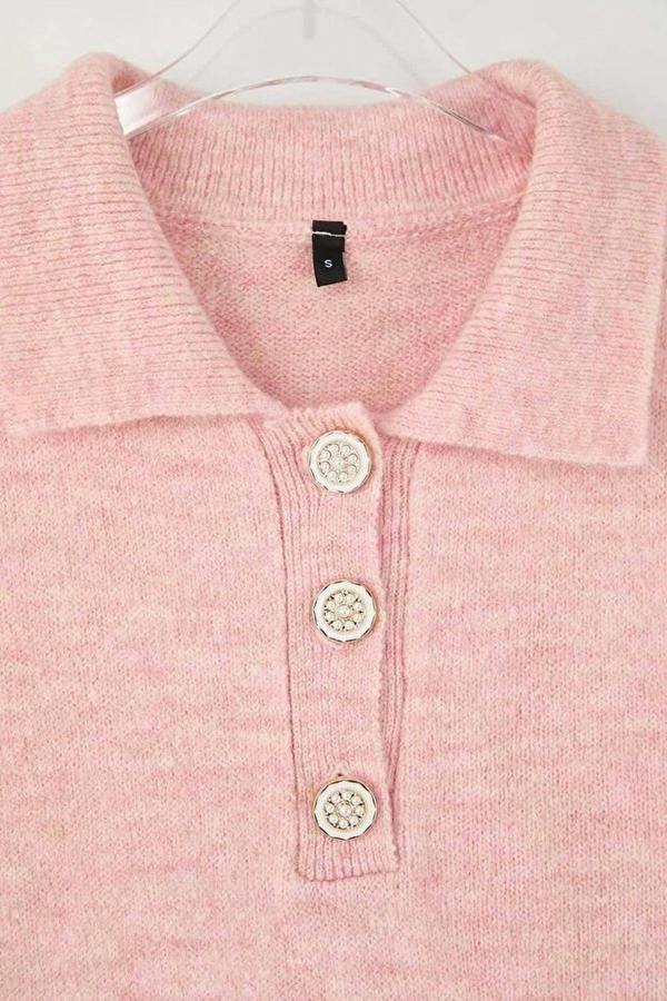 WOVCOR Polo Collar Soft Textured Knit Blouse with Stone Button Details