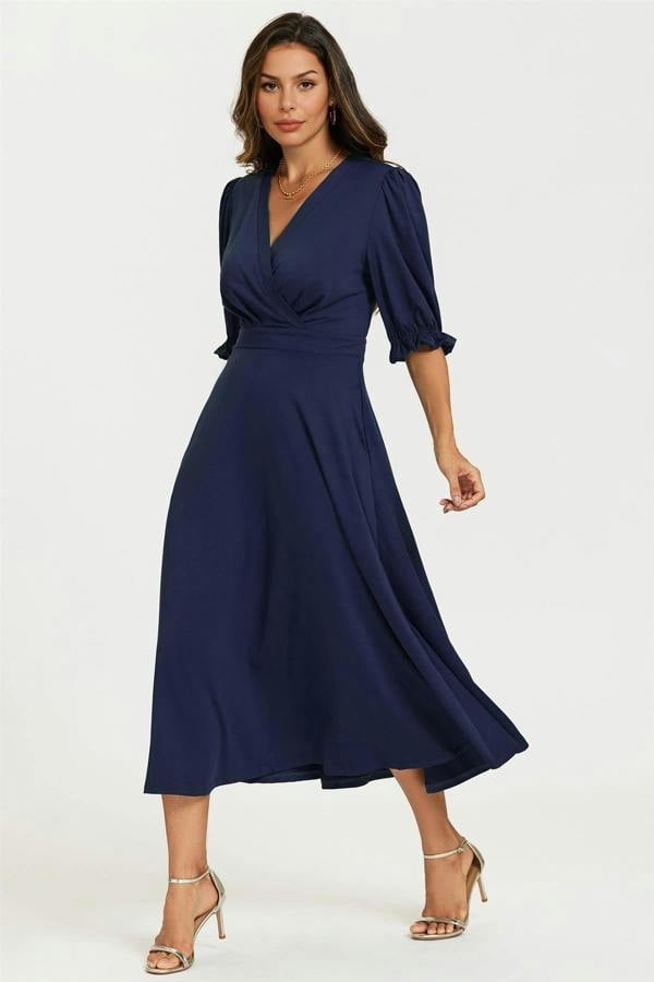 FS Collection Half Sleeves Jersey Midi Dress with Wrap Neckline In Navy