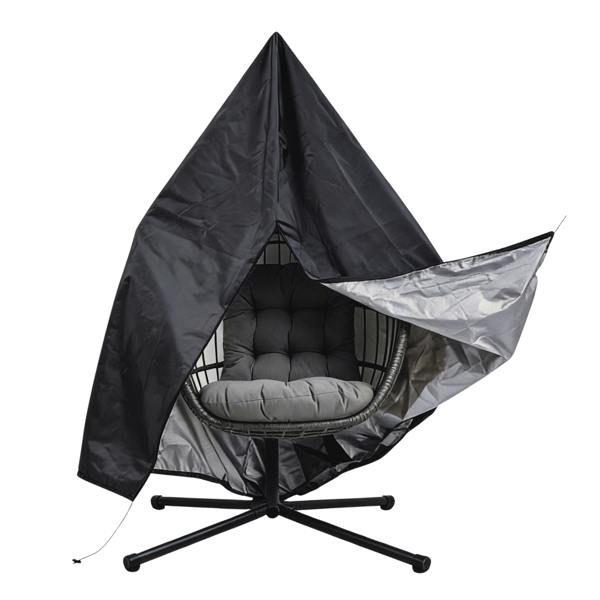 Black rattan hanging egg chair with a plush gray cushion, featuring a sleek design and sturdy metal base for indoor or outdoor use