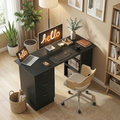 Wyld Haus Malilu 120cm Wooden Black Home Office Desk With 3 Shelves And Drawer Storage