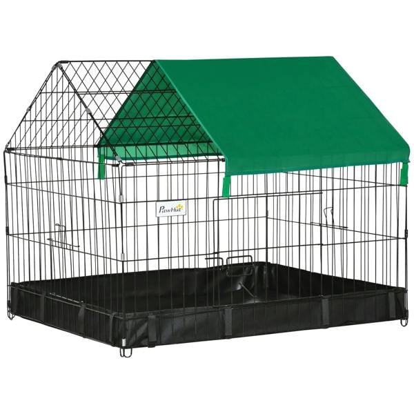 Small animal playpen cage with black wire panels, green waterproof Oxford roof, black tray