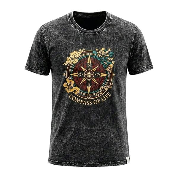 Charcoal stonewashed cotton t-shirt with Compass of Life front print